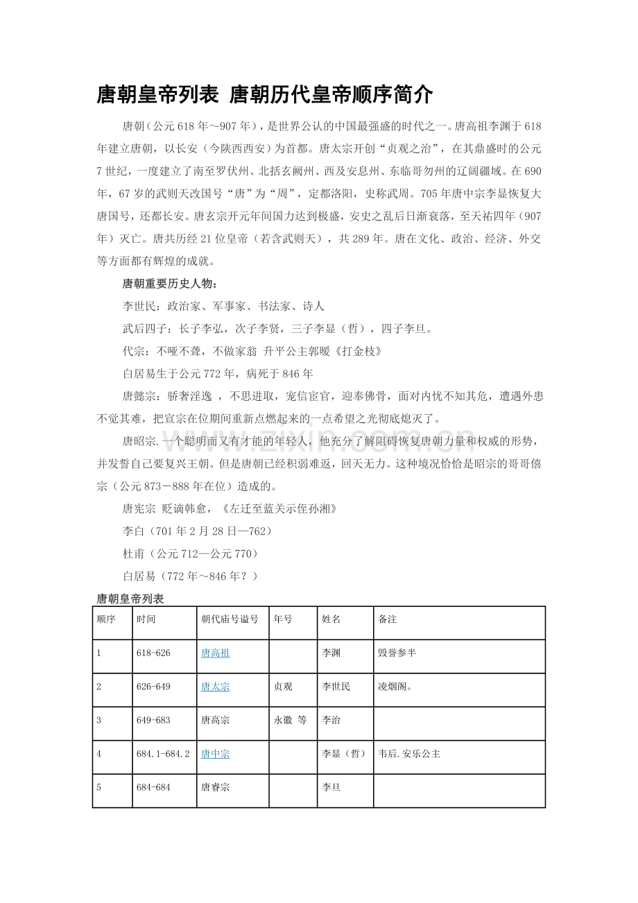 唐朝皇帝列表唐朝历代皇帝顺序简介.doc_第1页