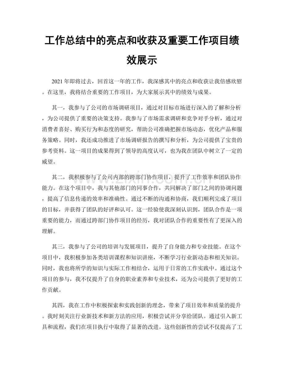 工作总结中的亮点和收获及重要工作项目绩效展示.docx_第1页