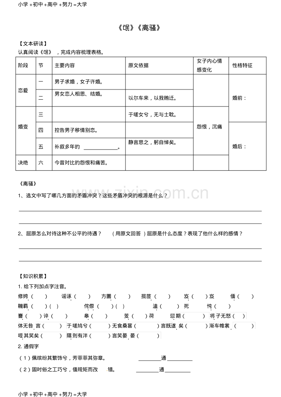 高中语文《氓》《离骚》习题新人教版《中国古代诗歌散文欣赏》.pdf_第1页