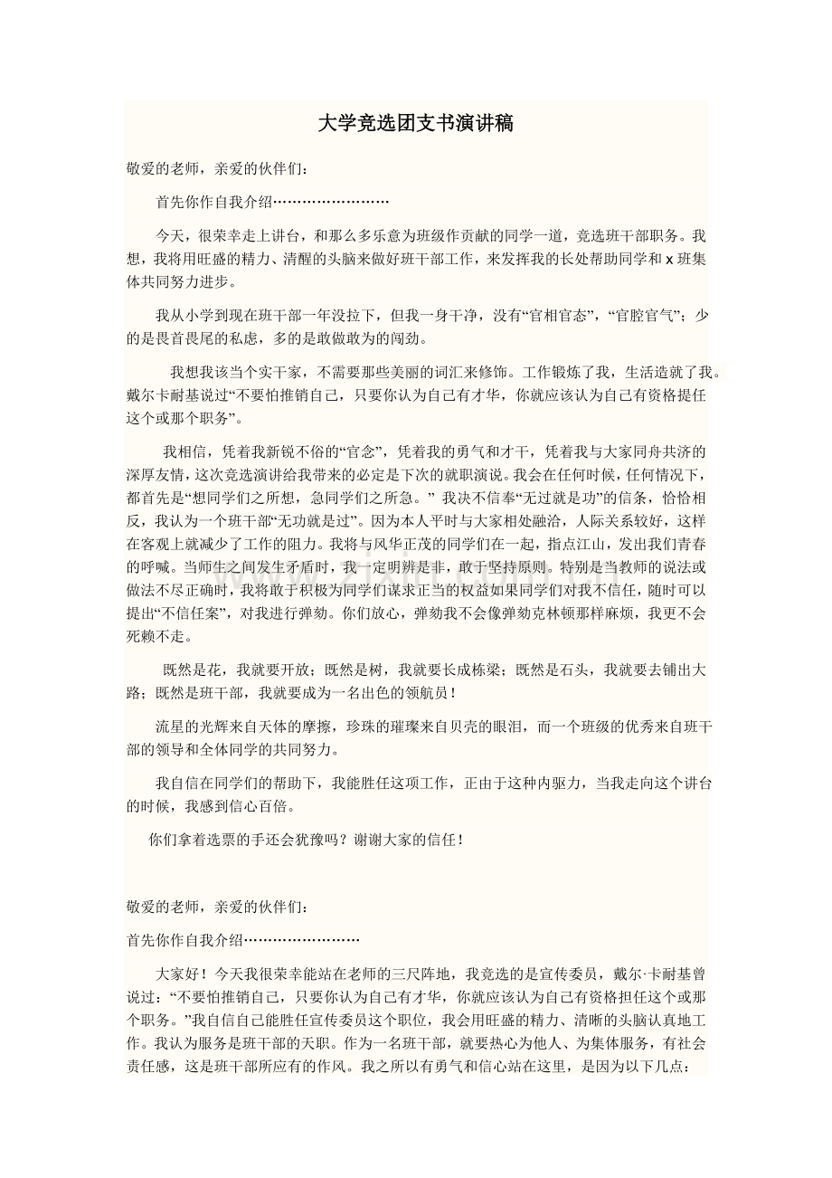 大学竞选团支书演讲稿.doc_第1页