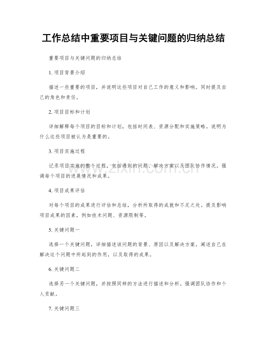 工作总结中重要项目与关键问题的归纳总结.docx_第1页