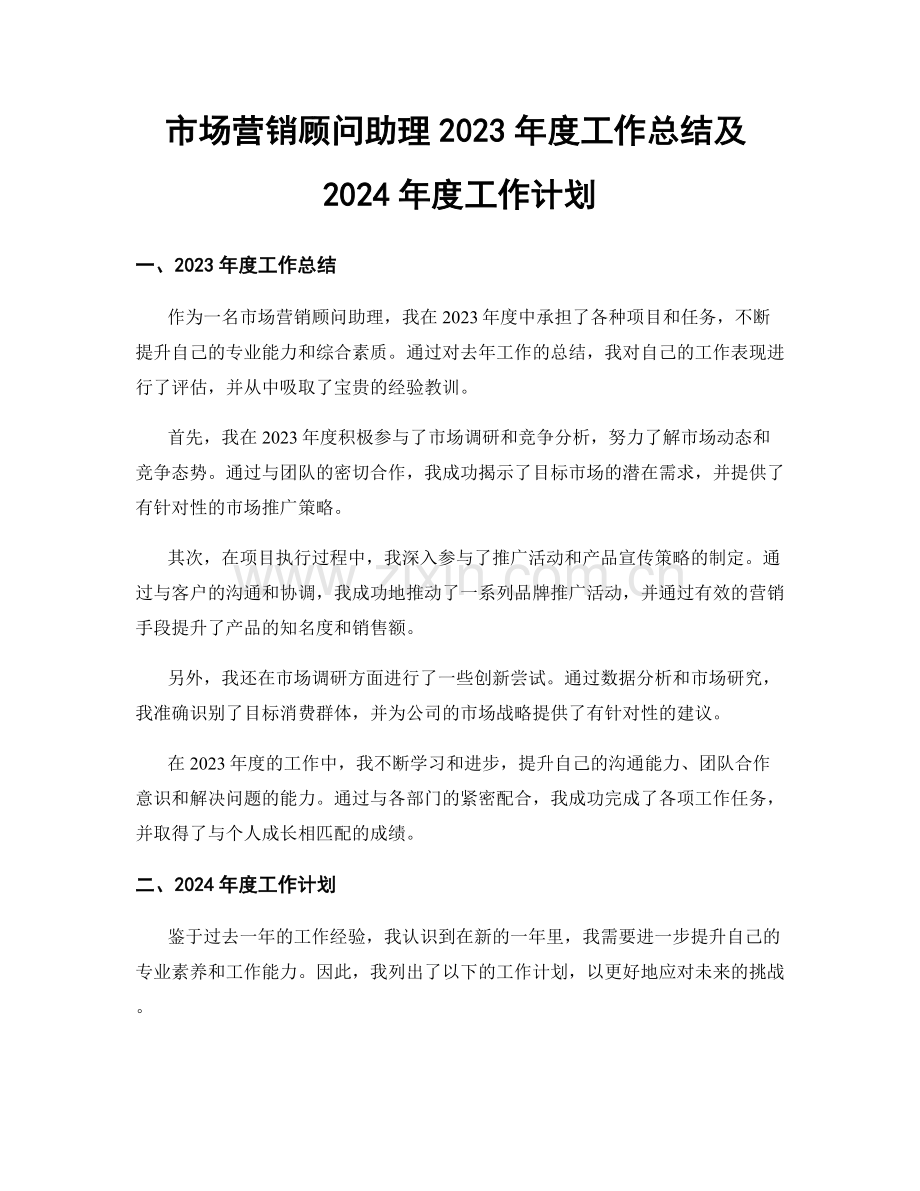 市场营销顾问助理2023年度工作总结及2024年度工作计划.docx_第1页