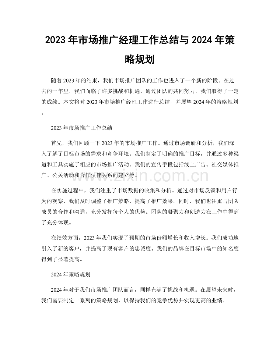 2023年市场推广经理工作总结与2024年策略规划.docx_第1页