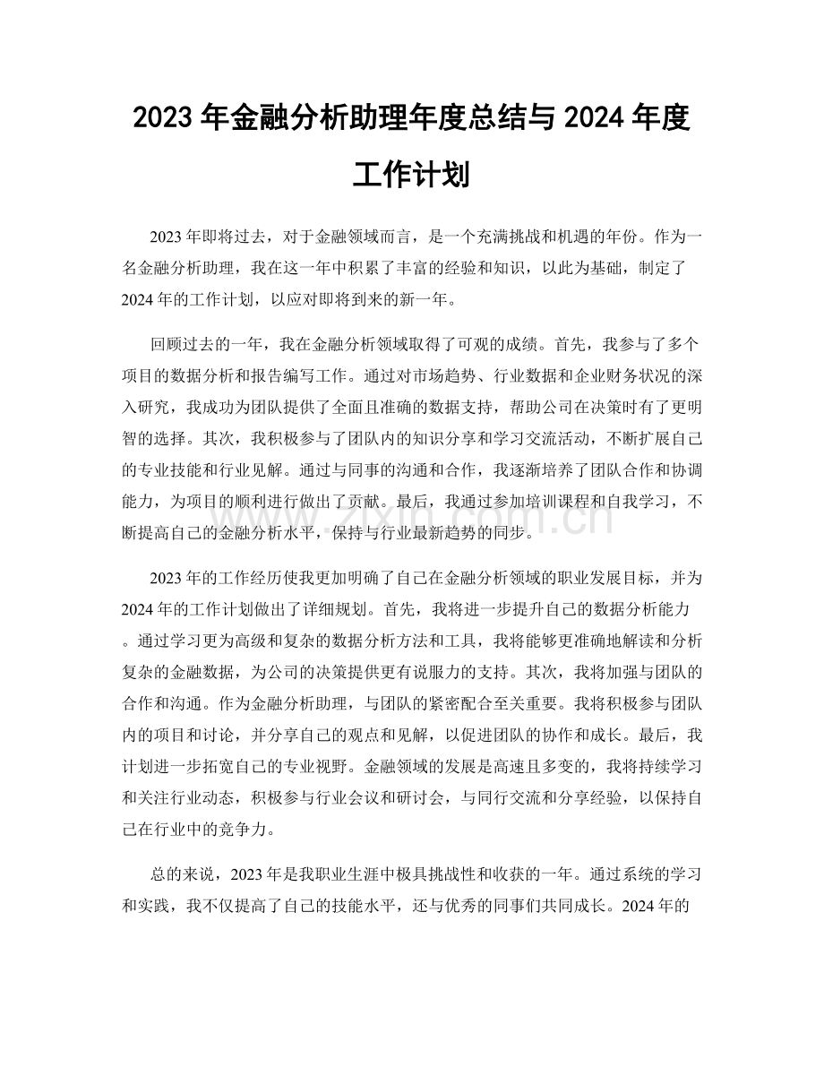 2023年金融分析助理年度总结与2024年度工作计划.docx_第1页
