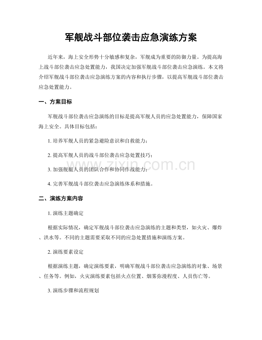 军舰战斗部位袭击应急演练方案.docx_第1页