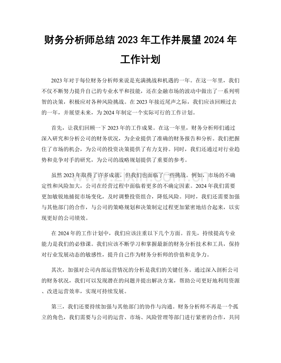 财务分析师总结2023年工作并展望2024年工作计划.docx_第1页