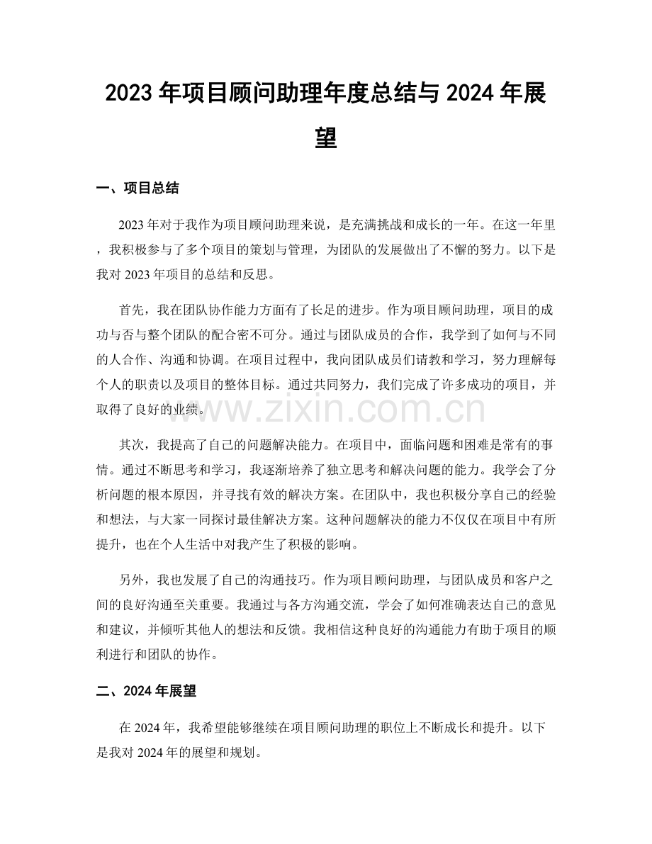 2023年项目顾问助理年度总结与2024年展望.docx_第1页