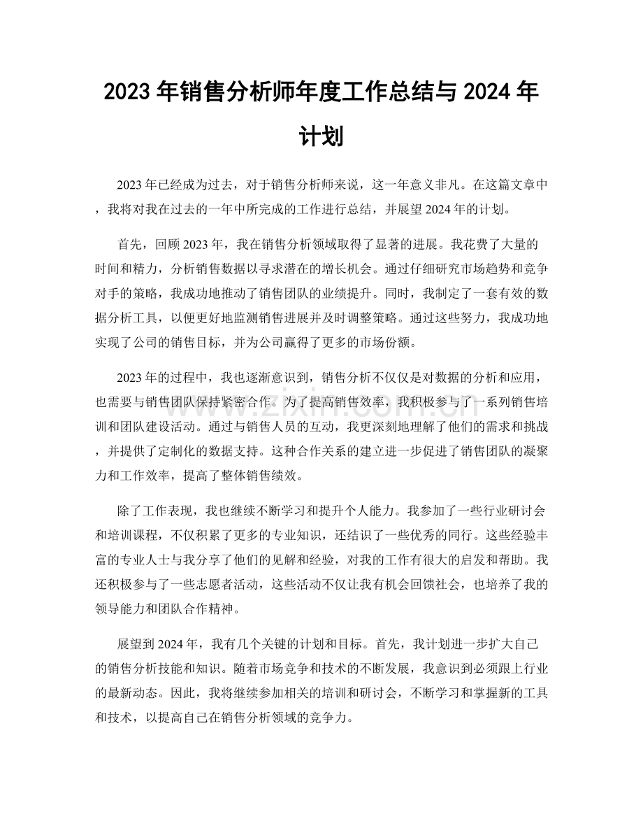 2023年销售分析师年度工作总结与2024年计划.docx_第1页
