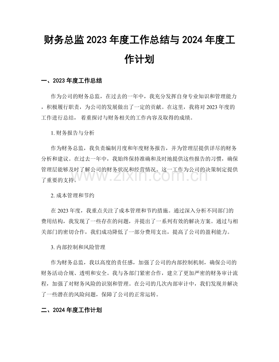 财务总监2023年度工作总结与2024年度工作计划.docx_第1页