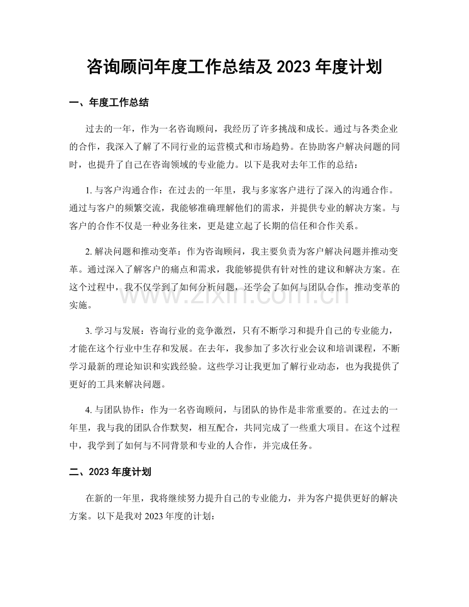 咨询顾问年度工作总结及2023年度计划.docx_第1页