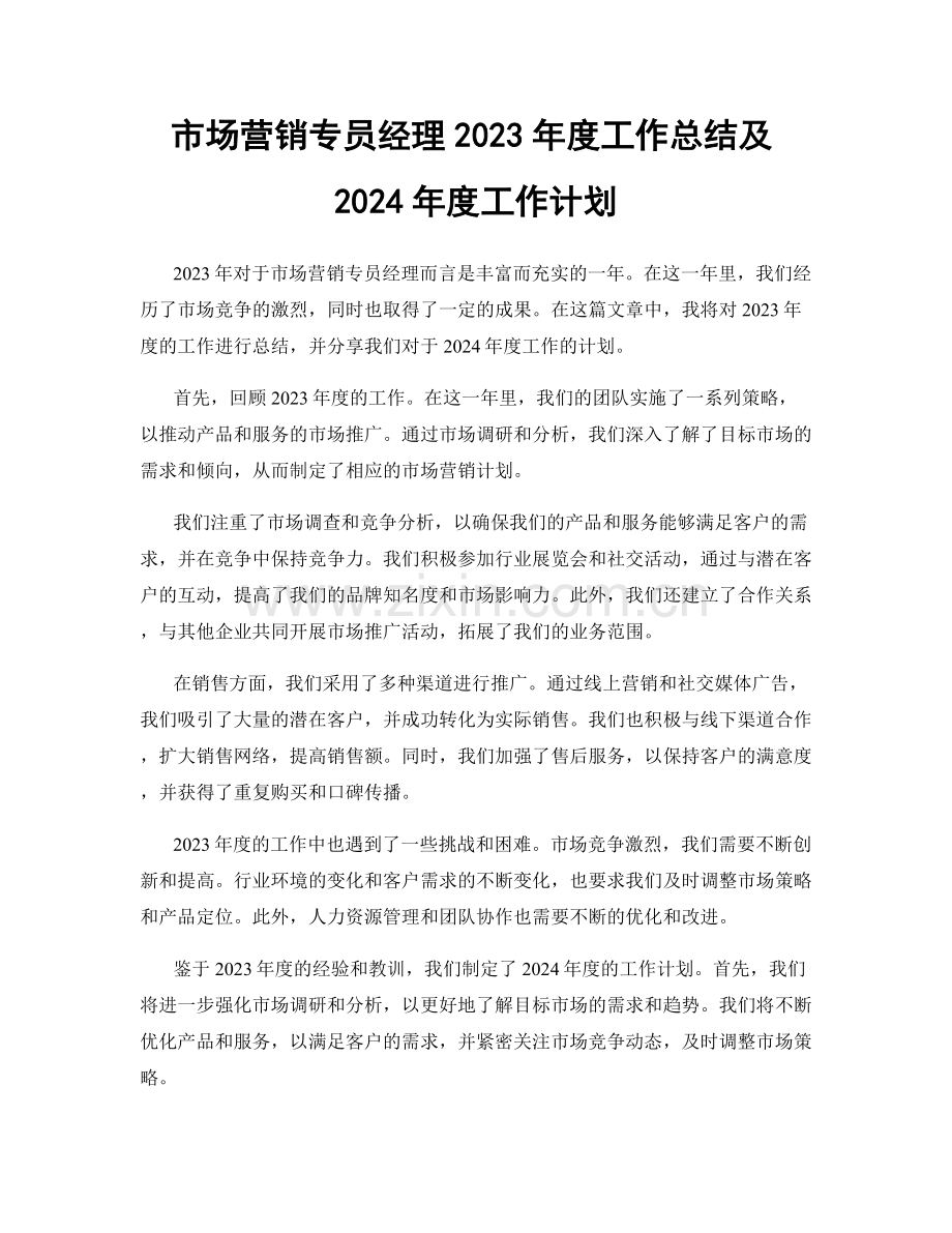 市场营销专员经理2023年度工作总结及2024年度工作计划.docx_第1页