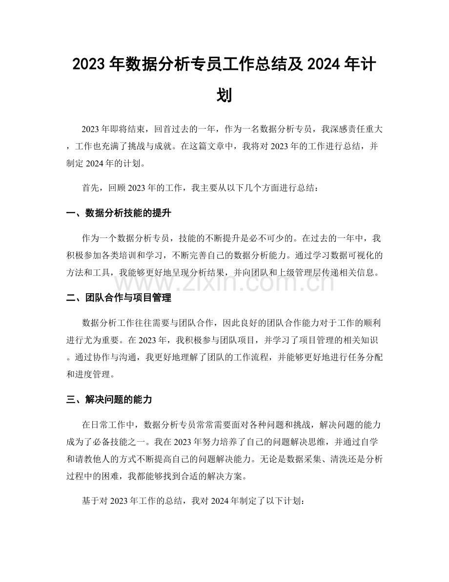 2023年数据分析专员工作总结及2024年计划.docx_第1页