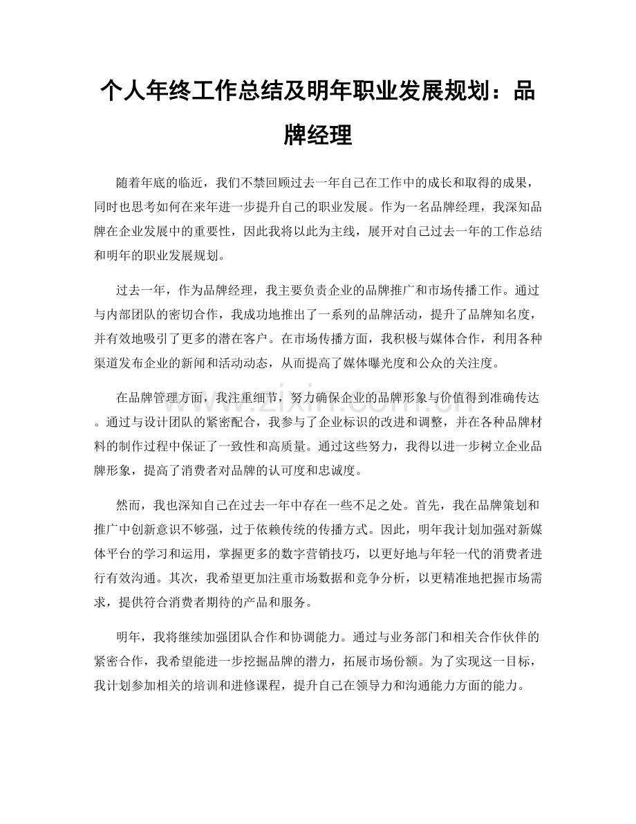 个人年终工作总结及明年职业发展规划：品牌经理.docx_第1页