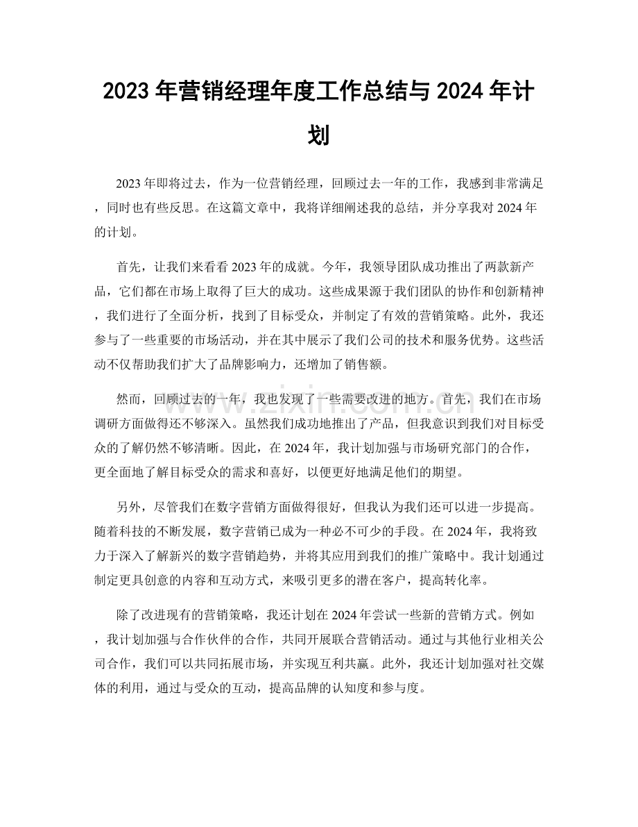 2023年营销经理年度工作总结与2024年计划.docx_第1页