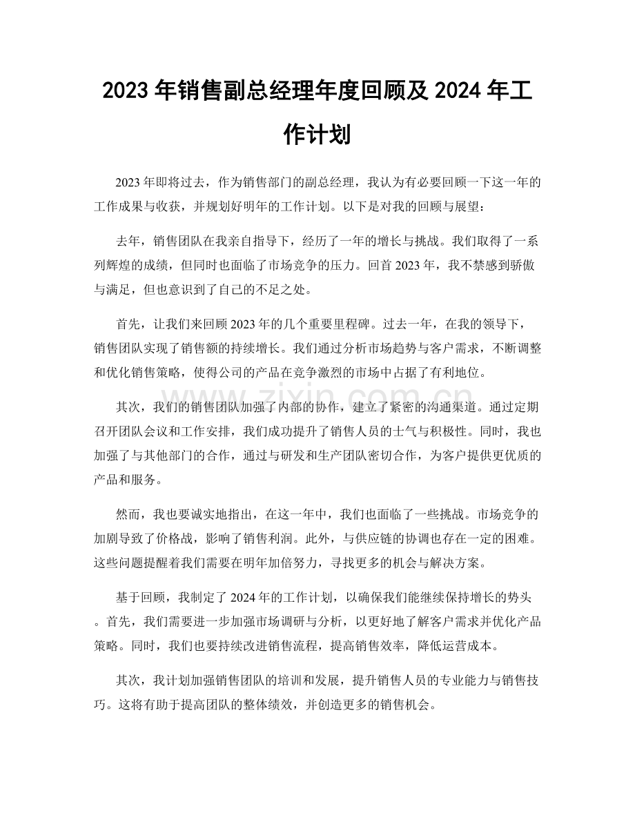 2023年销售副总经理年度回顾及2024年工作计划.docx_第1页
