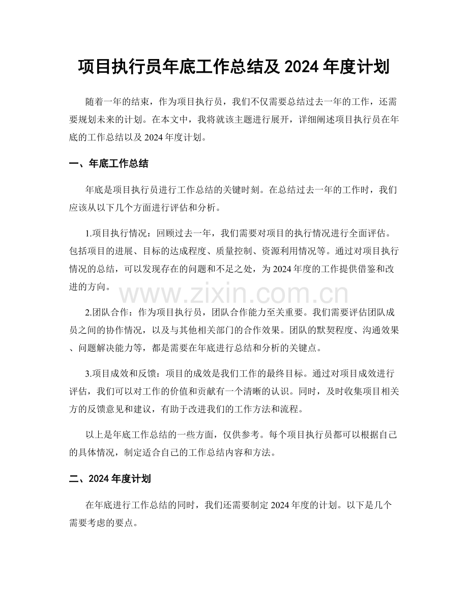 项目执行员年底工作总结及2024年度计划.docx_第1页