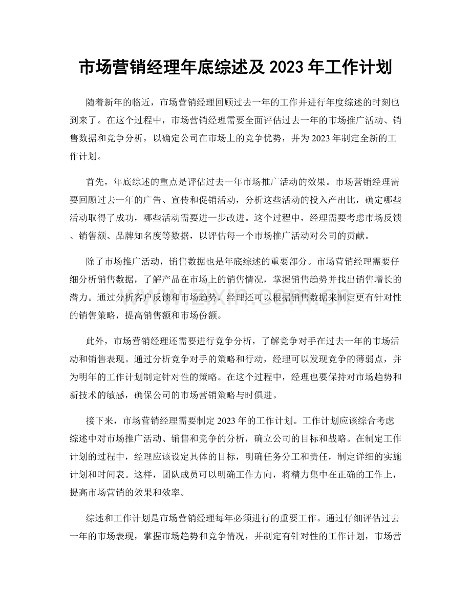 市场营销经理年底综述及2023年工作计划.docx_第1页