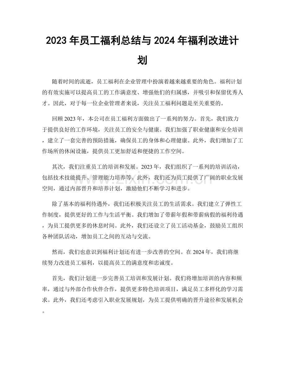 2023年员工福利总结与2024年福利改进计划.docx_第1页