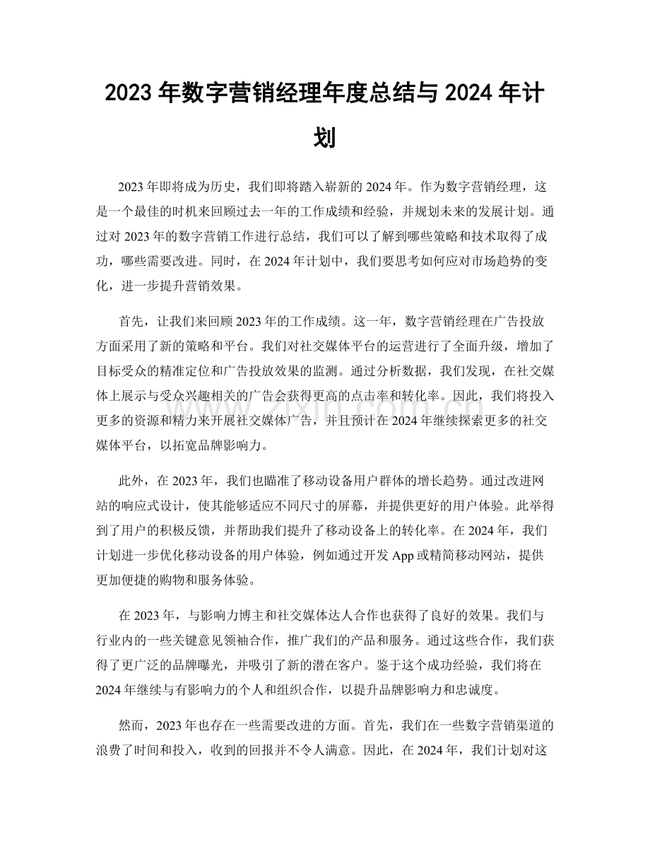 2023年数字营销经理年度总结与2024年计划.docx_第1页