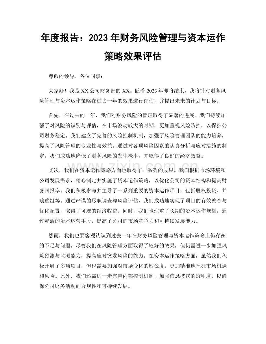 年度报告：2023年财务风险管理与资本运作策略效果评估.docx_第1页