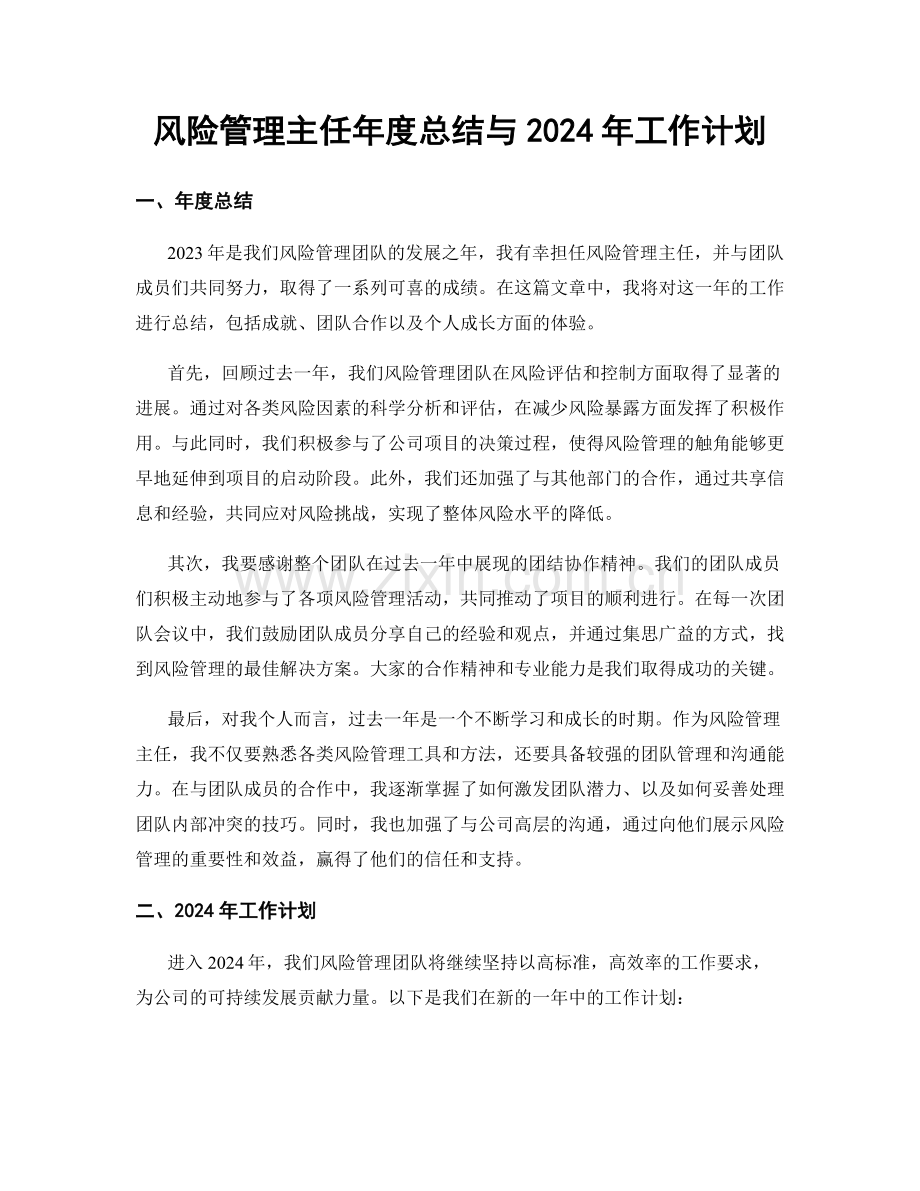 风险管理主任年度总结与2024年工作计划.docx_第1页