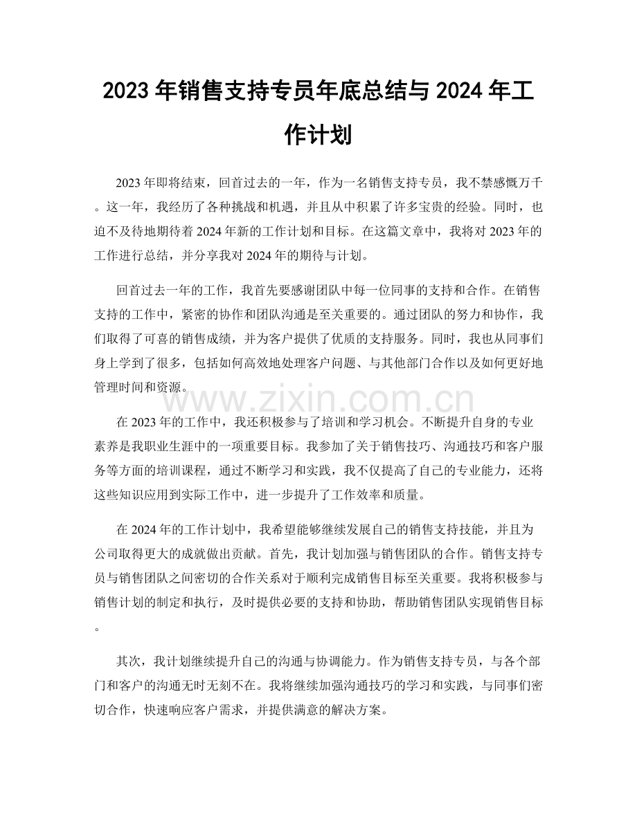 2023年销售支持专员年底总结与2024年工作计划.docx_第1页