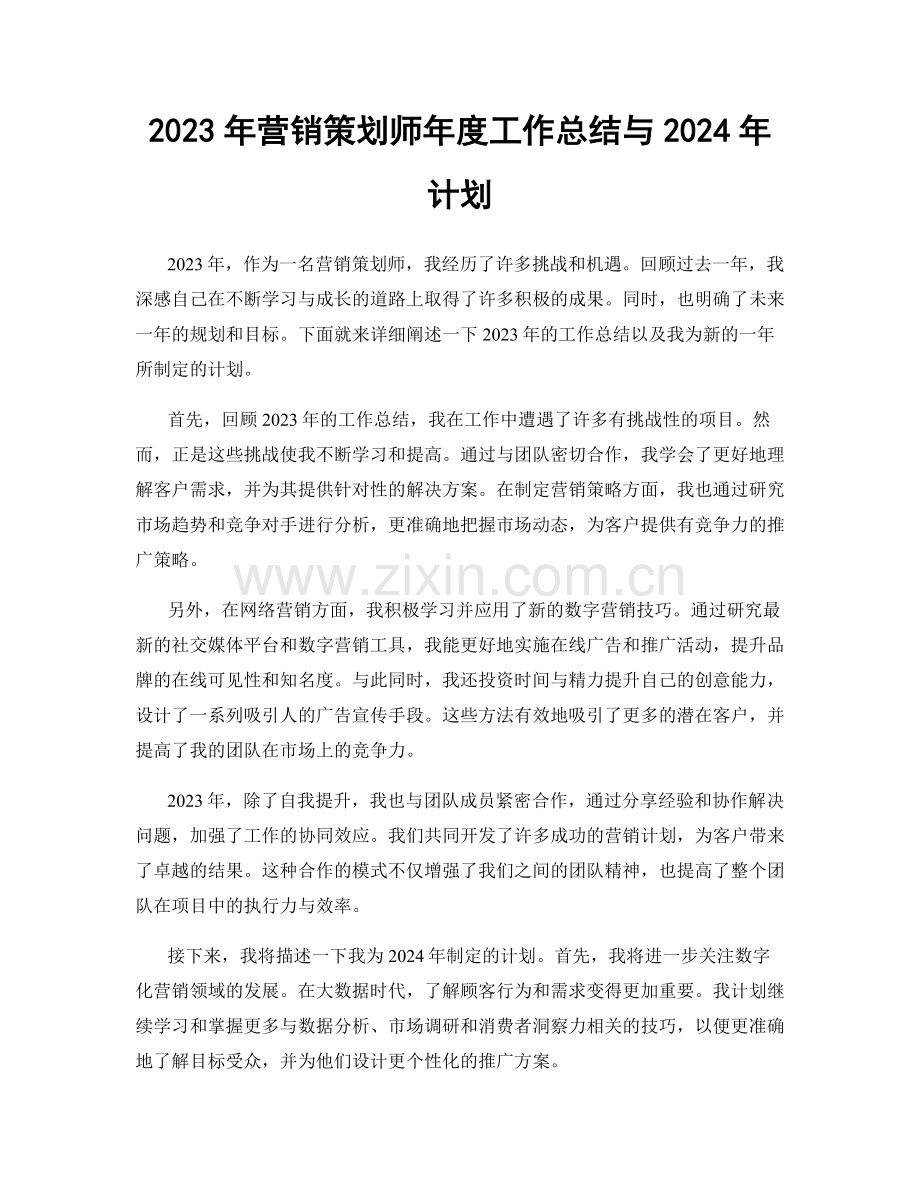 2023年营销策划师年度工作总结与2024年计划.docx_第1页