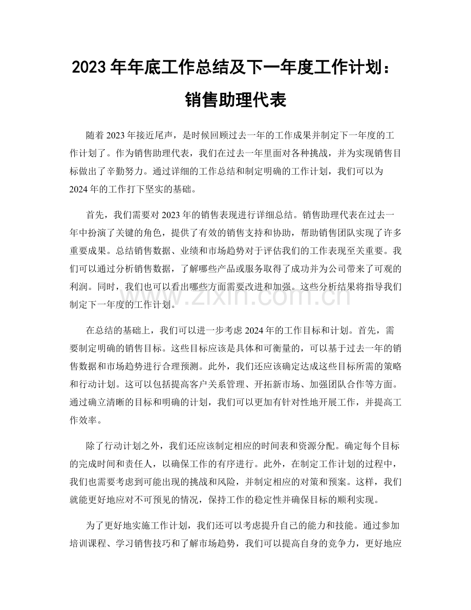 2023年年底工作总结及下一年度工作计划：销售助理代表.docx_第1页