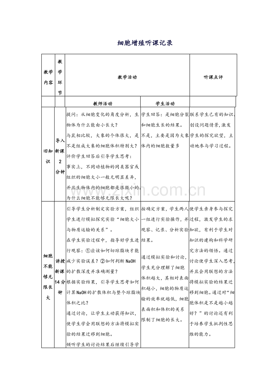 生物细胞增殖听课记录.doc_第1页