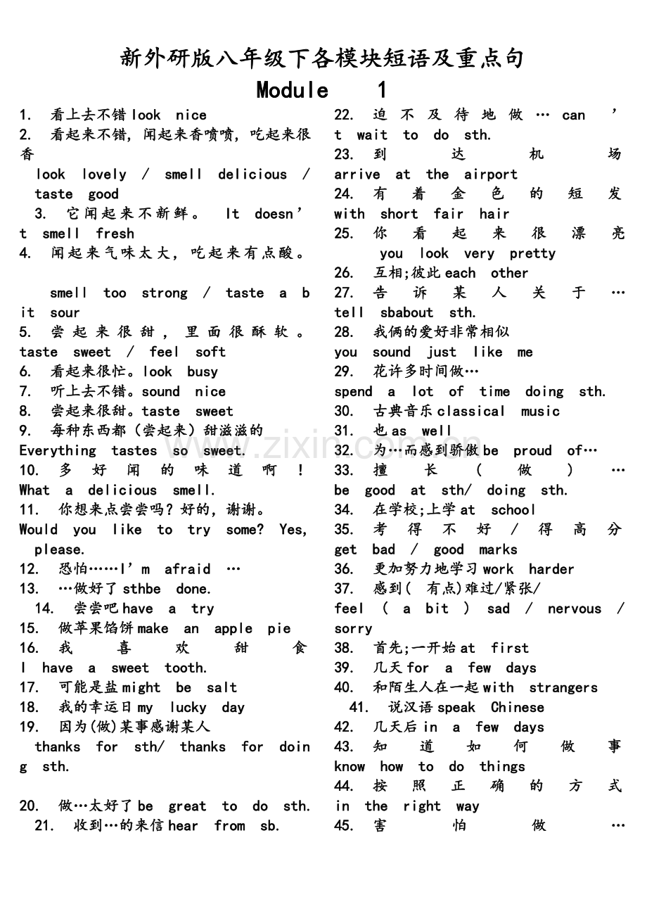 新外研版八年级下各模块短语及重点句.doc_第1页