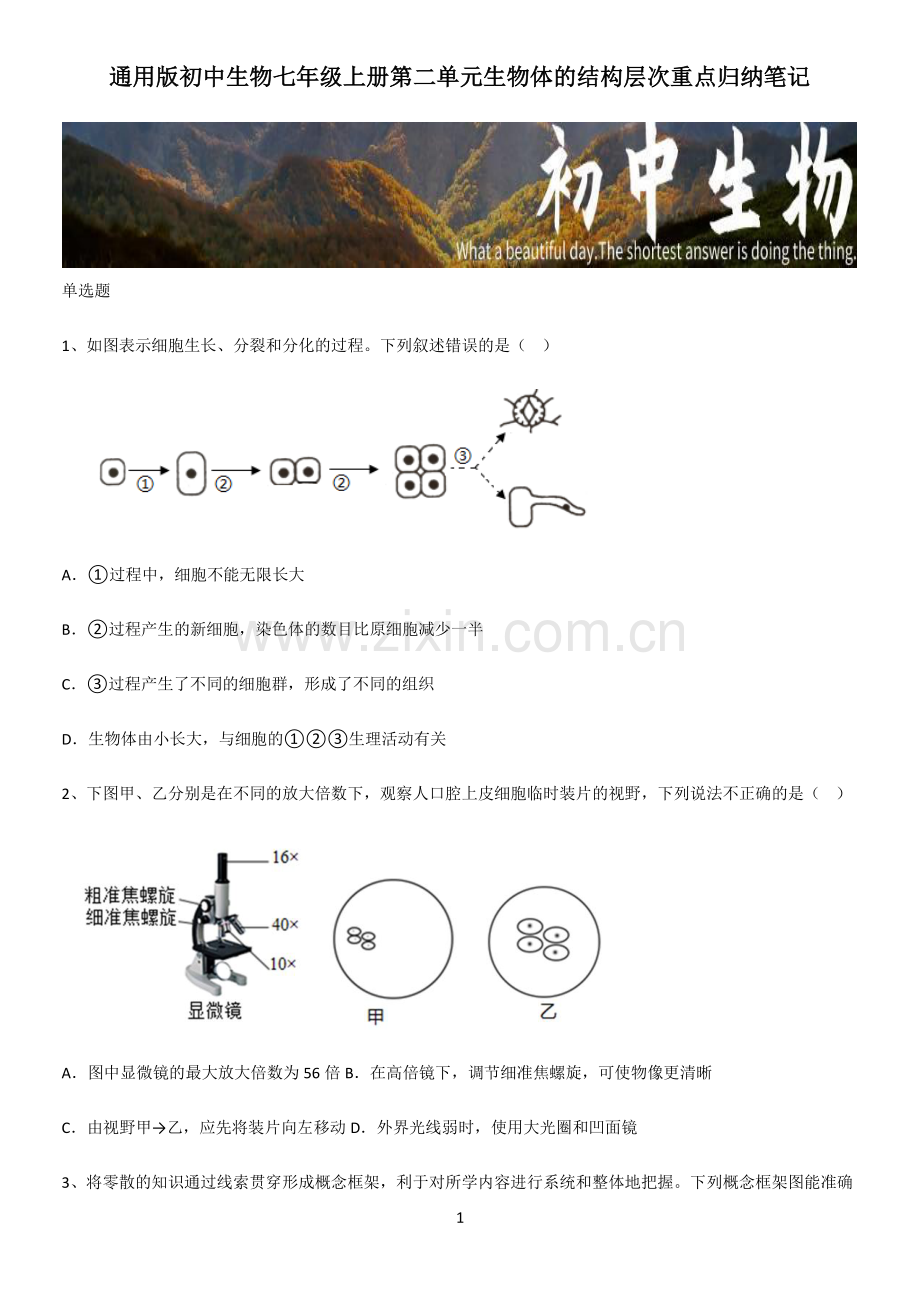 初中生物七年级上册第二单元生物体的结构层次重点归纳笔记.pdf_第1页