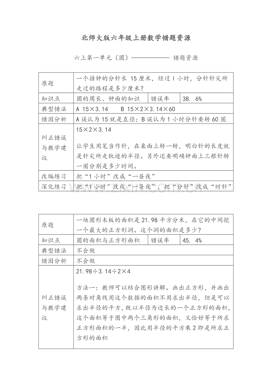 北师大版六年级上册数学错题资源.doc_第1页