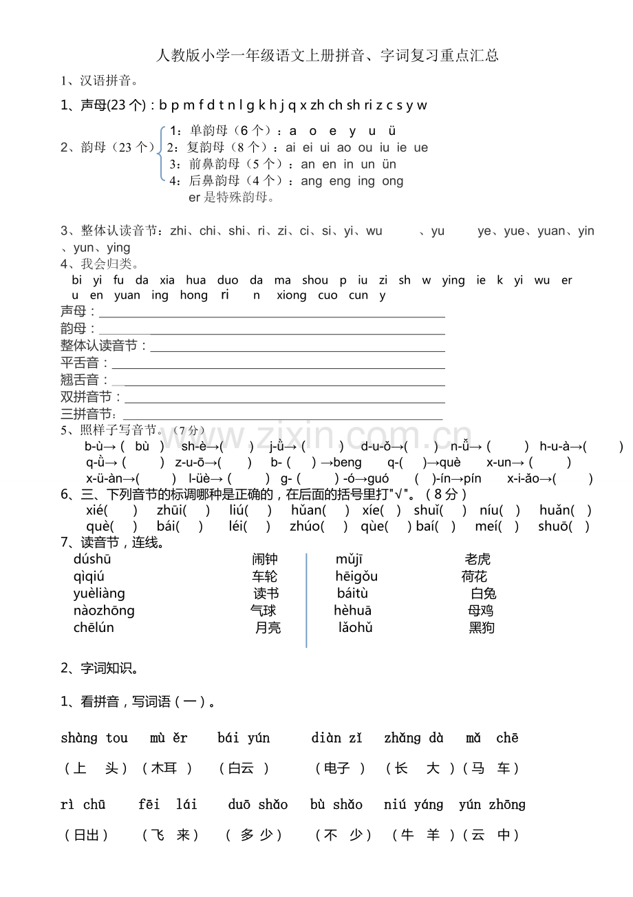 人教版小学一年级语文上册拼音、字词复习重点汇总.pdf_第1页