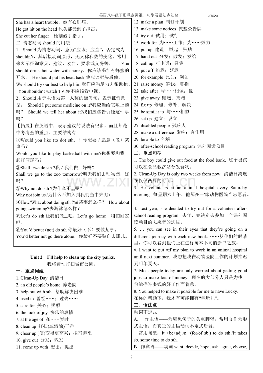 人教版英语八年级下册重点词组、句型及语法点汇总.pdf_第2页