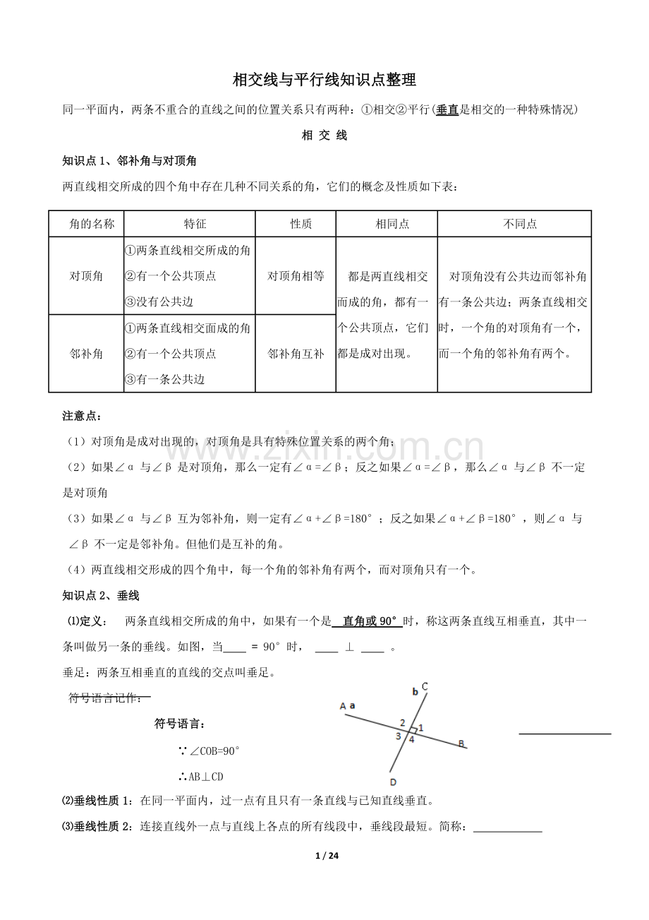 第五章--平行线与相交线(知识点+题型分类练习).pdf_第1页