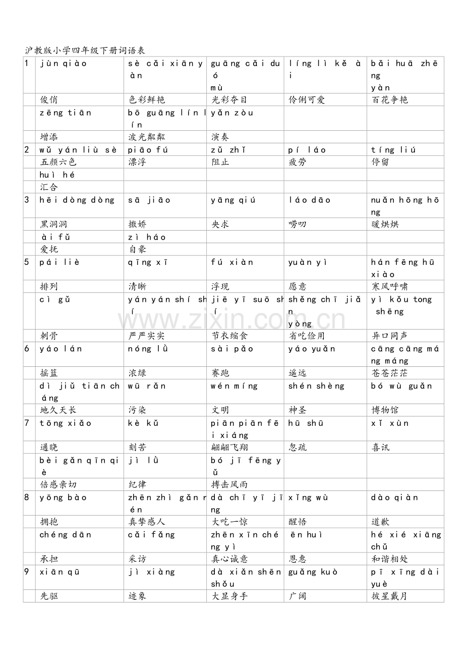 沪教版小学四年级下册词语表.doc_第1页