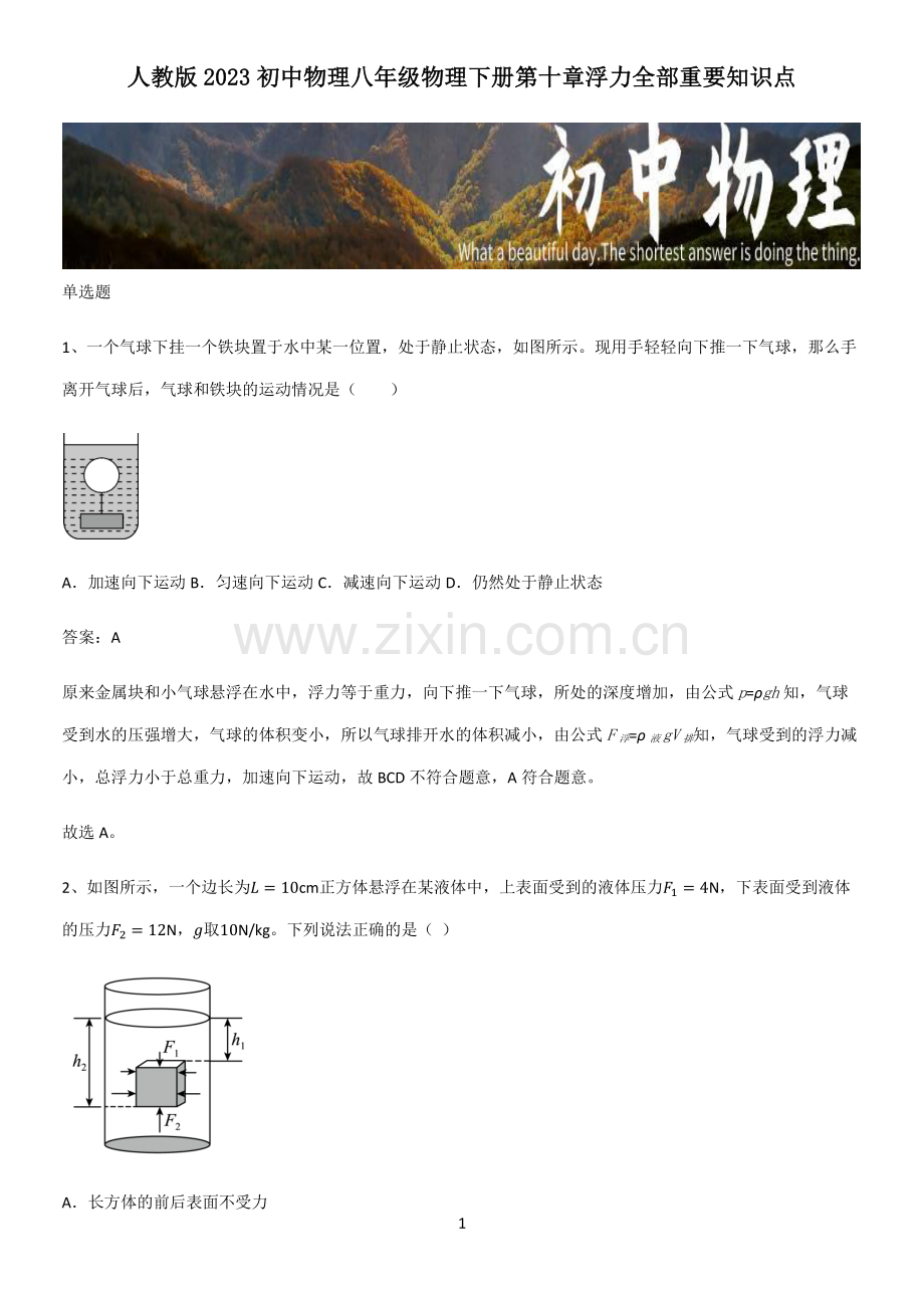 人教版2023初中物理八年级物理下册第十章浮力全部重要知识点.pdf_第1页