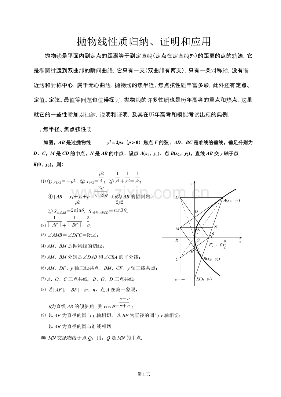 抛物线性质归纳、证明和应用.pdf_第1页