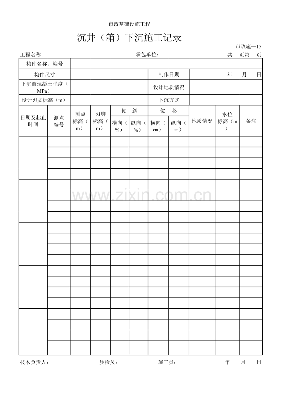 沉井(箱)下沉施工记录.xls_第1页