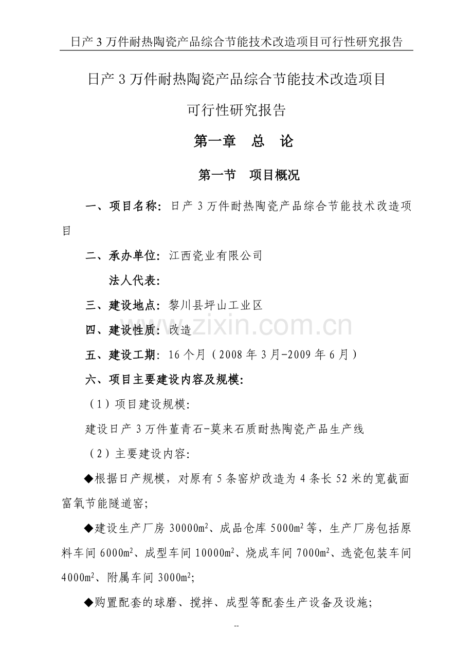 日产3万件耐热陶瓷产品综合节能技术改造项目可行性研究报告(已成功节能环保补助资金).doc_第1页
