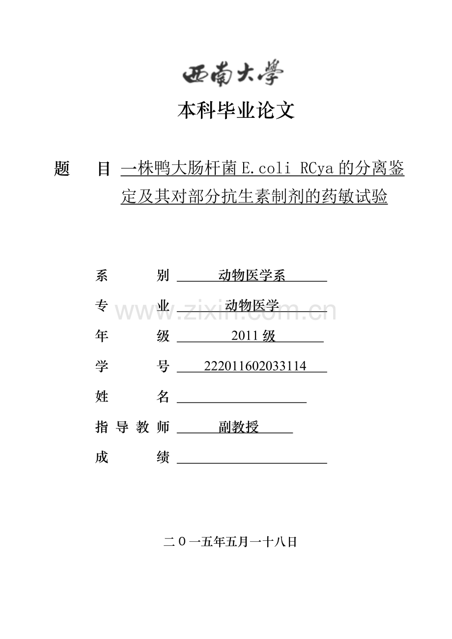 学士学位论文—-一株鸭大肠杆菌e.coli-rcya及其对部分抗生素制剂的药敏试验.doc_第1页
