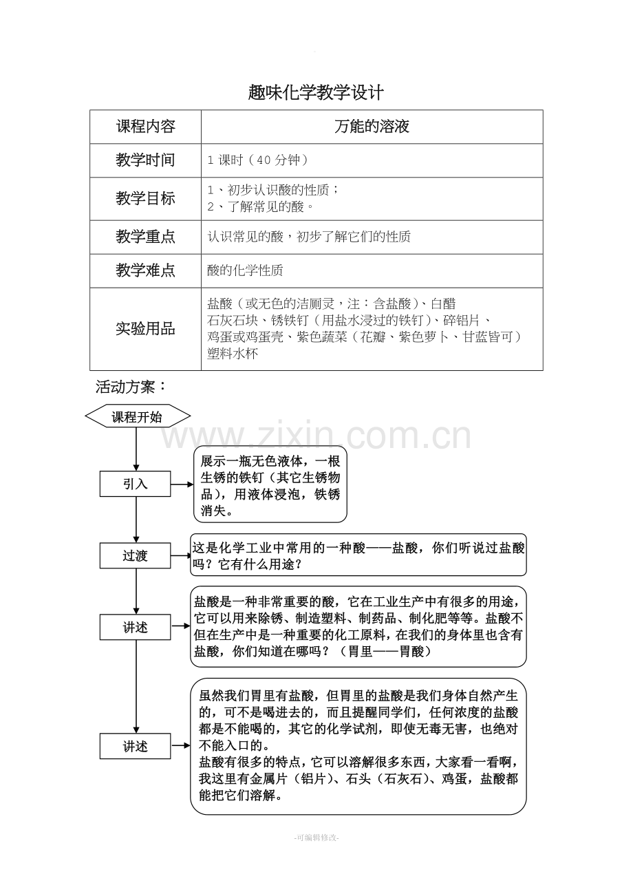 趣味化学教学设计(万能的溶液).doc_第1页