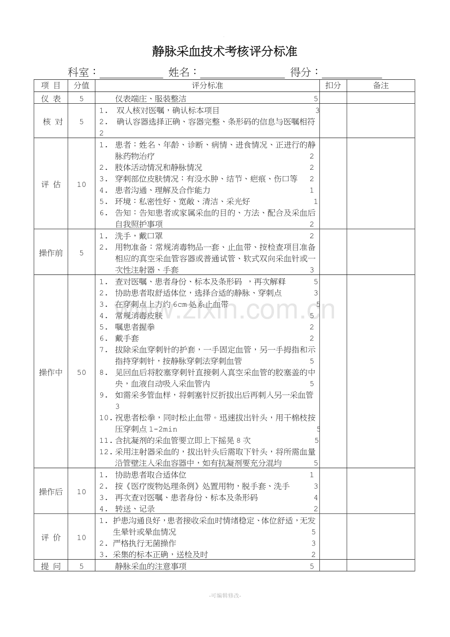 静脉采血技术评分标准.doc_第1页