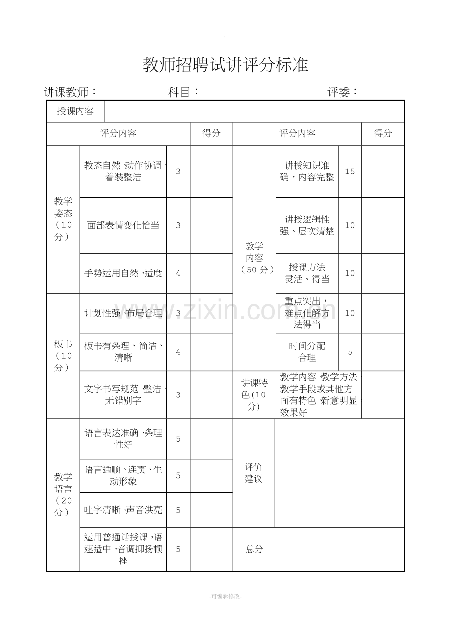 教师招聘试讲评分标准.doc_第1页