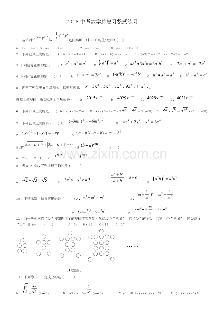 2018数学总复习练习整式(一).docx_第1页