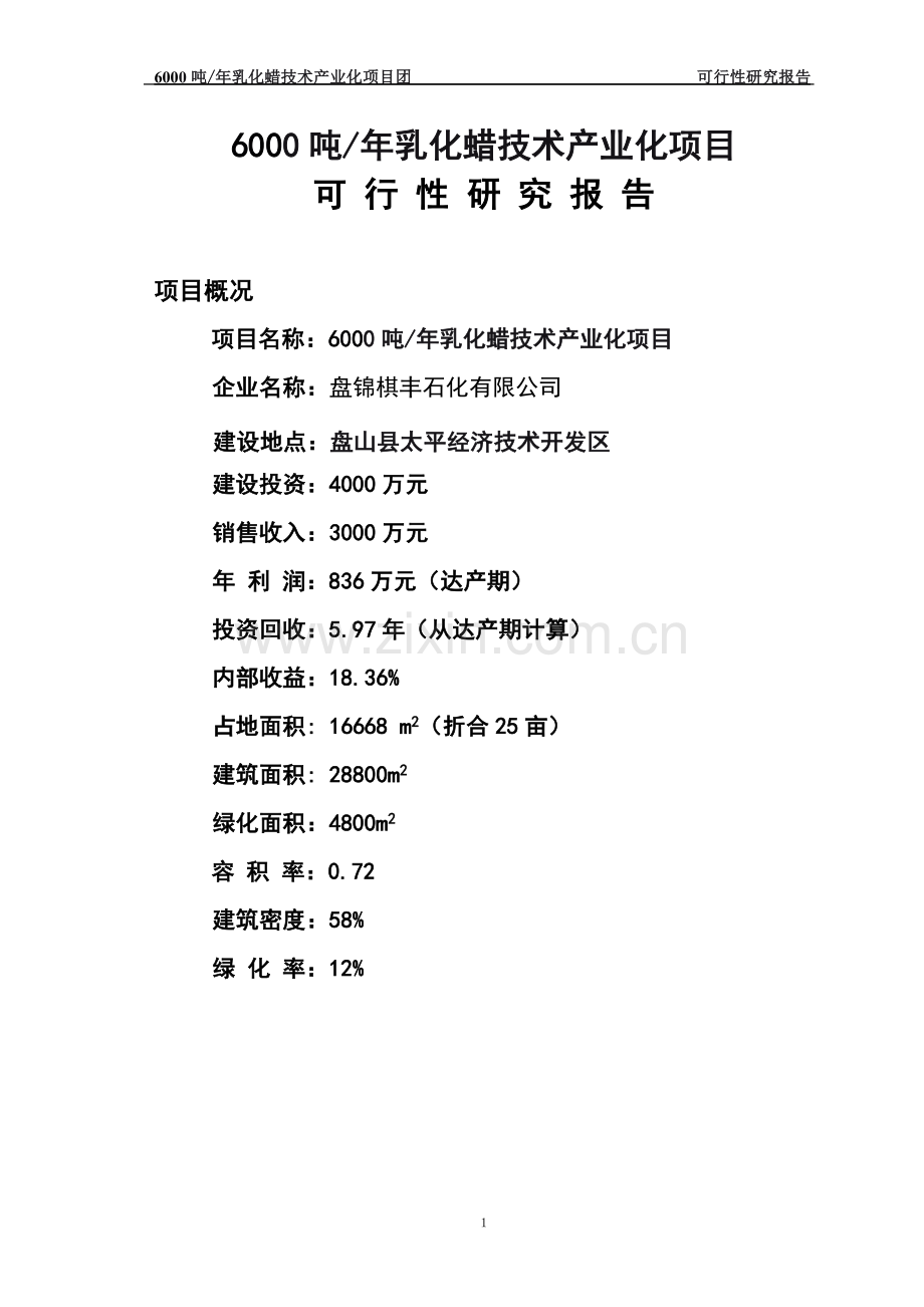 6000吨年乳化蜡技术产业化项目建设可行性研究报告.doc_第1页