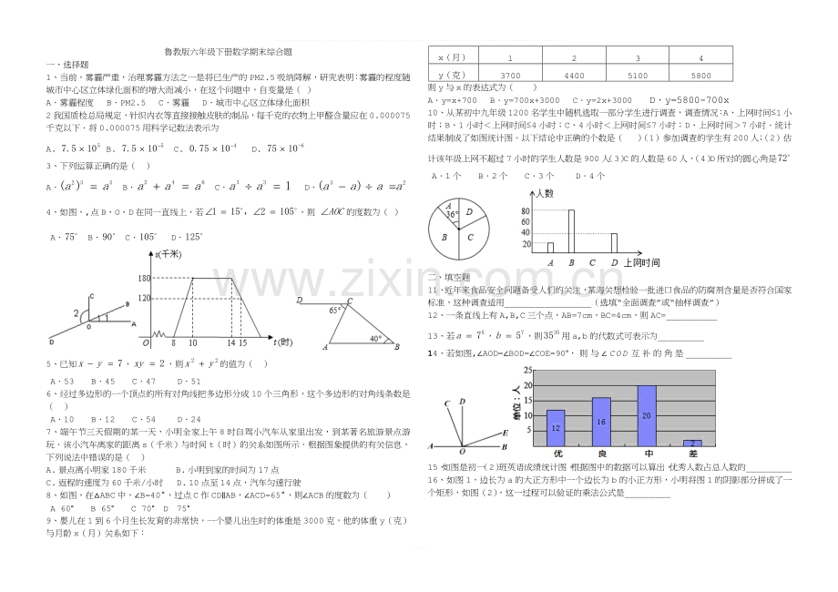 鲁教版六年级下册数学期末综合题.docx_第1页