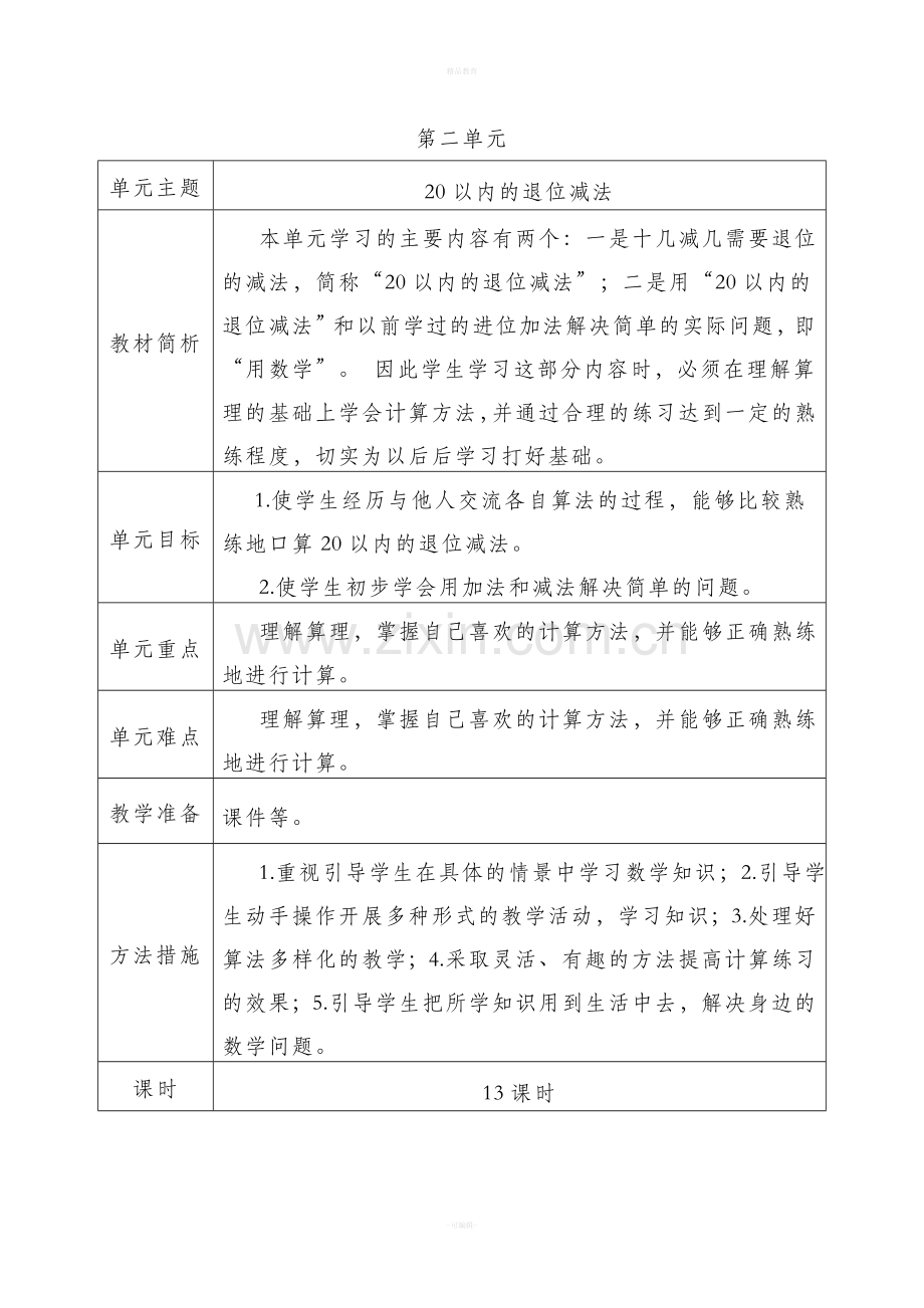 人教版数学一年级下册单元教学计划.doc_第2页