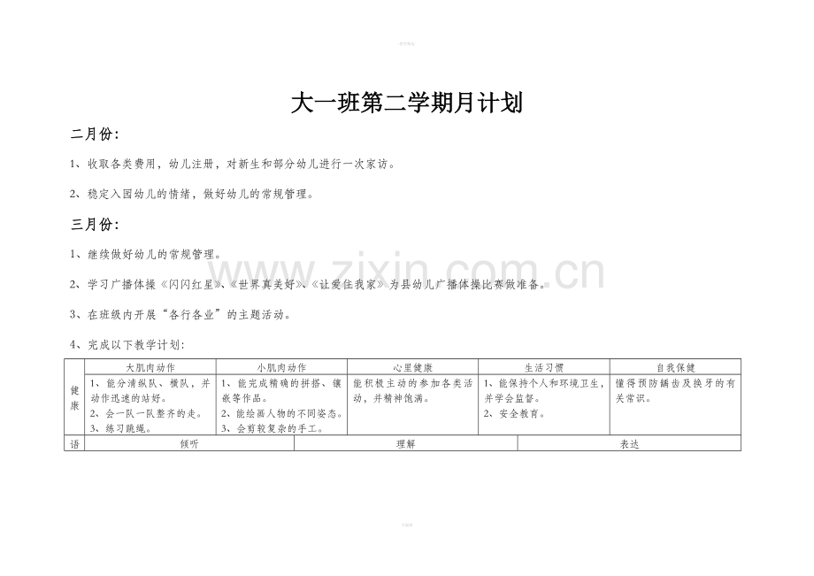 幼儿园大班第二学期月计划.doc_第1页