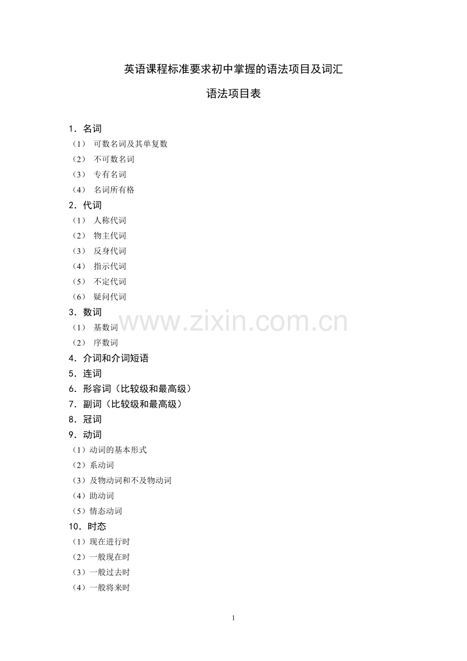 英语课程标准要求初中掌握的语法项目及词汇.doc_第1页